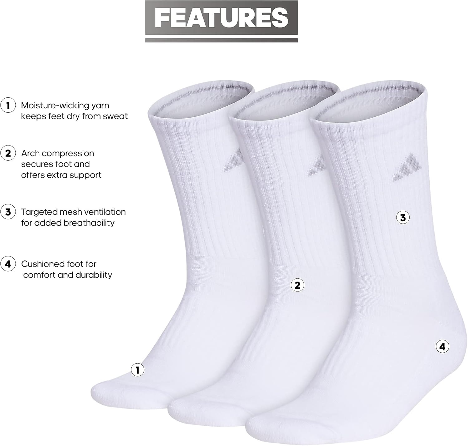 image:imageadidas Womens Cushioned Crew Socks 3 Pairs Durable amp ComfortableWhiteClear Onix Grey3