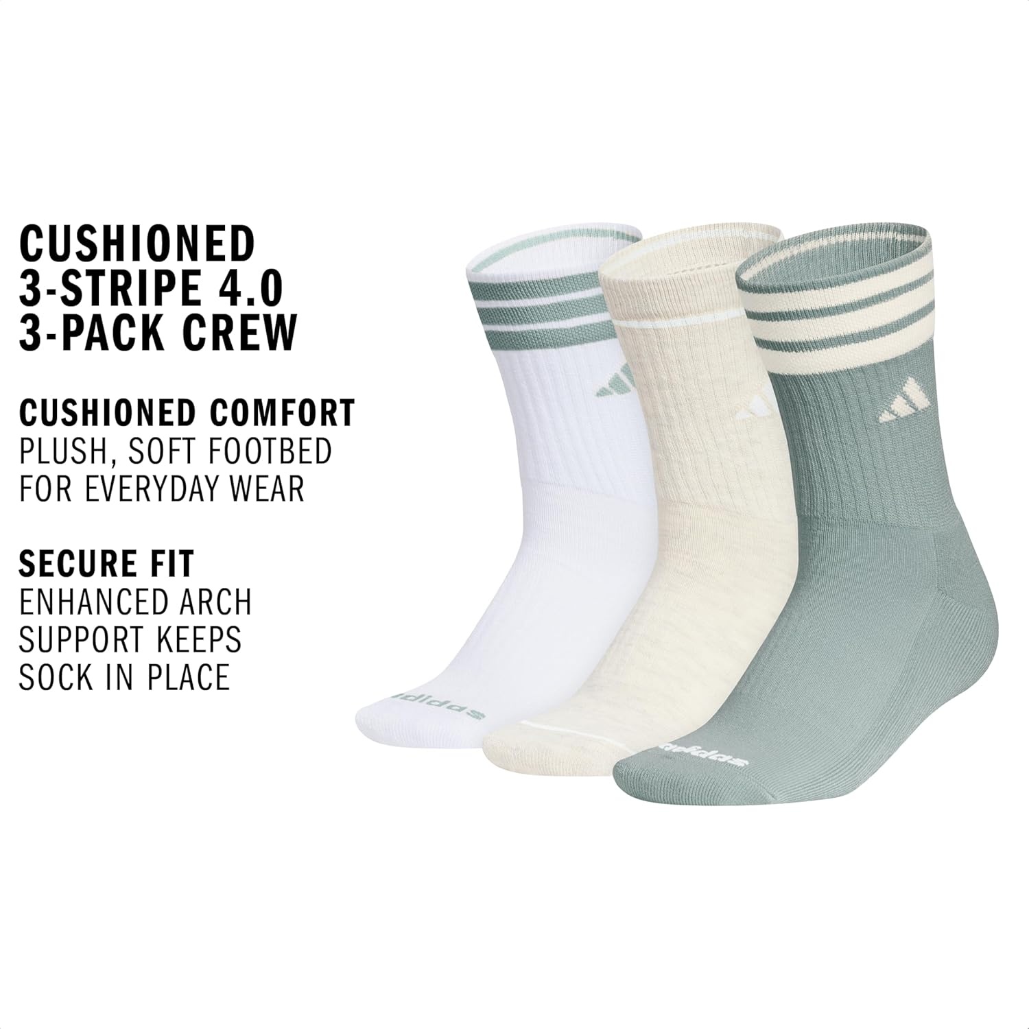 image:imageadidas Womens Cushioned Crew Socks 3 Pairs Durable amp ComfortableWonder Sage GreenWonder WhiteWhite3stripe4