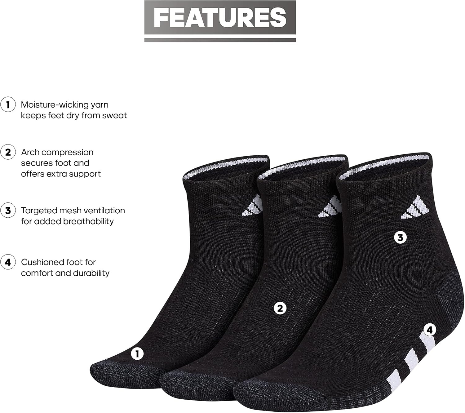 image:imageadidas Womens Cushioned Quarter Ankle Socks 3 Pairs Durable amp ComfortableBlackNight GreyWhite3