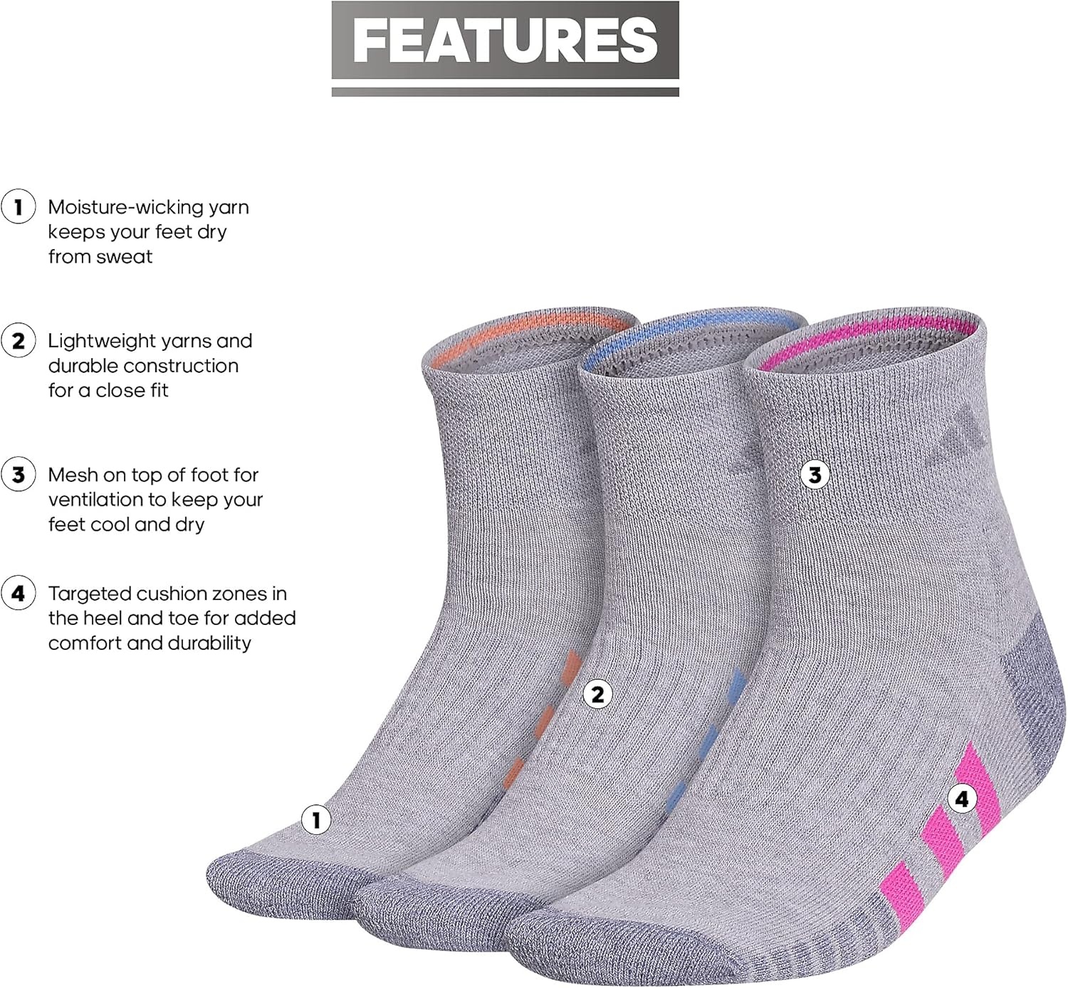 image:imageadidas Womens Cushioned Quarter Ankle Socks 3 Pairs Durable amp ComfortableCool Light HeatherLucid Fuchsia PinkBlue Fusion3