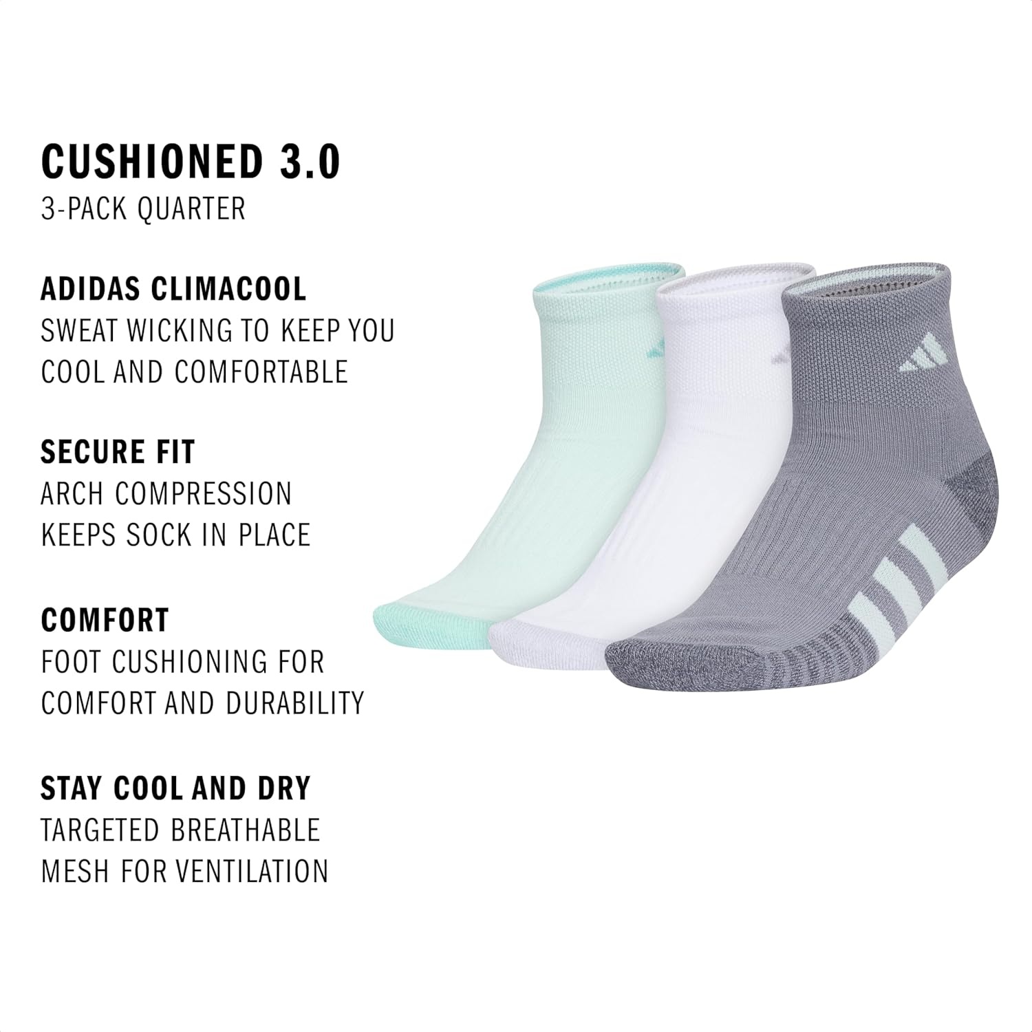 image:imageadidas Womens Cushioned Quarter Ankle Socks 3 Pairs Durable amp ComfortableHalo Mint GreenWhiteGrey3