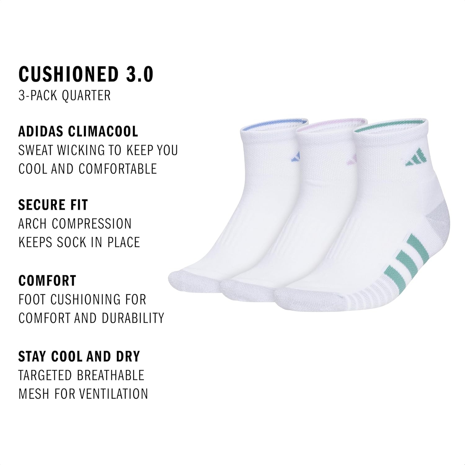 image:imageadidas Womens Cushioned Quarter Ankle Socks 3 Pairs Durable amp ComfortableWhiteBlue FusionPowder Teal Green3