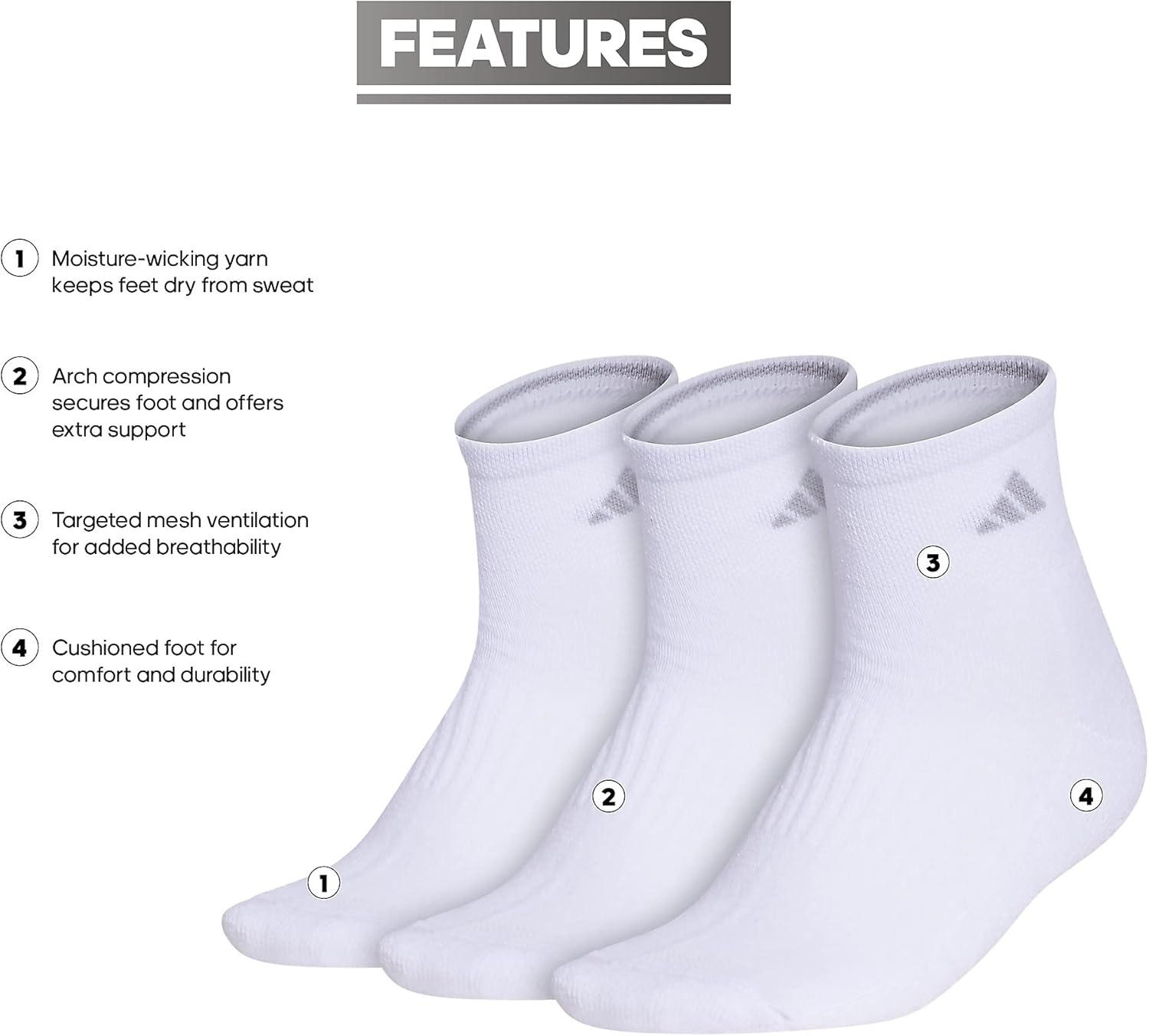 image:imageadidas Womens Cushioned Quarter Ankle Socks 3 Pairs Durable amp ComfortableWhiteClear Onix Grey3