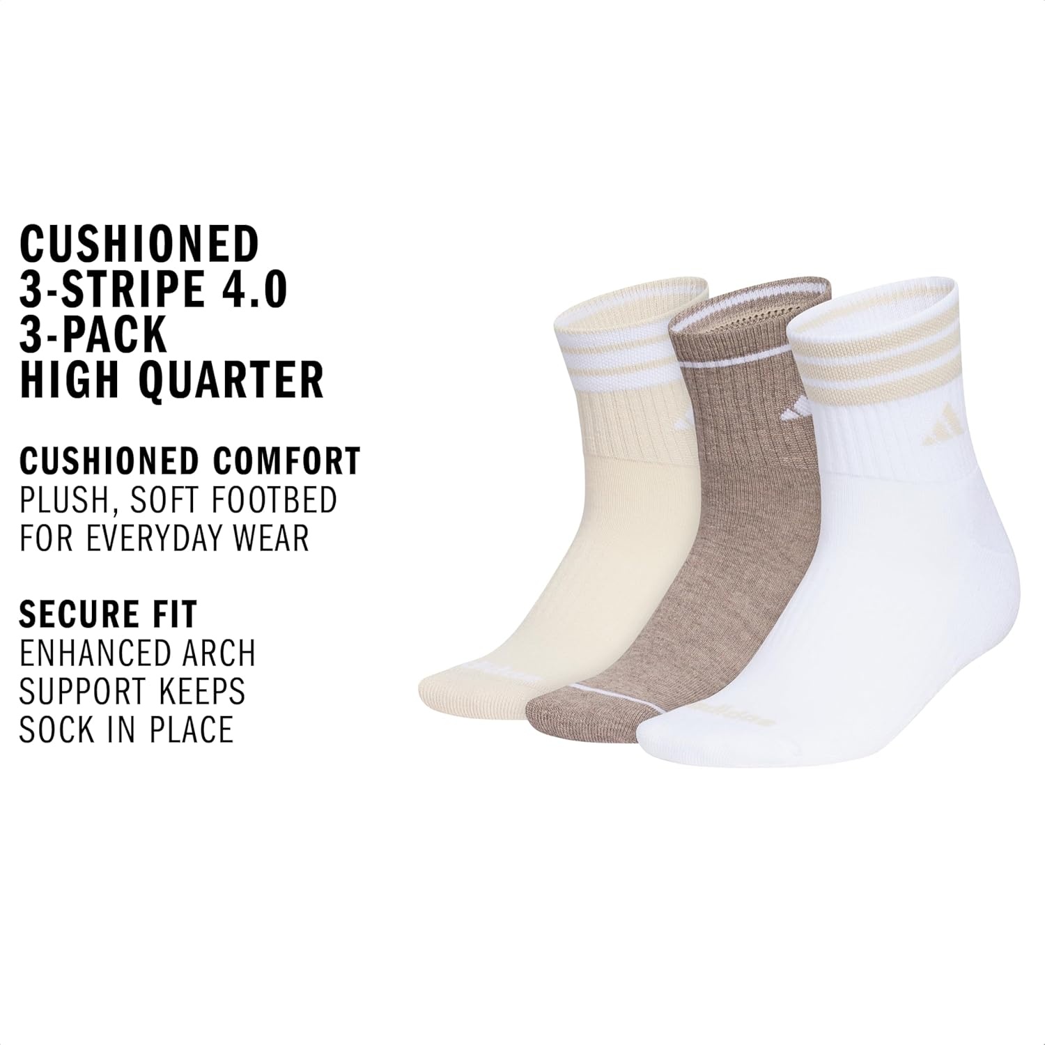 image:imageadidas Womens Cushioned Sport High Quarter Socks 3 Pairs Durable amp ComfortableCrystal Linen BeigeWhiteChalky Brown3stripe4