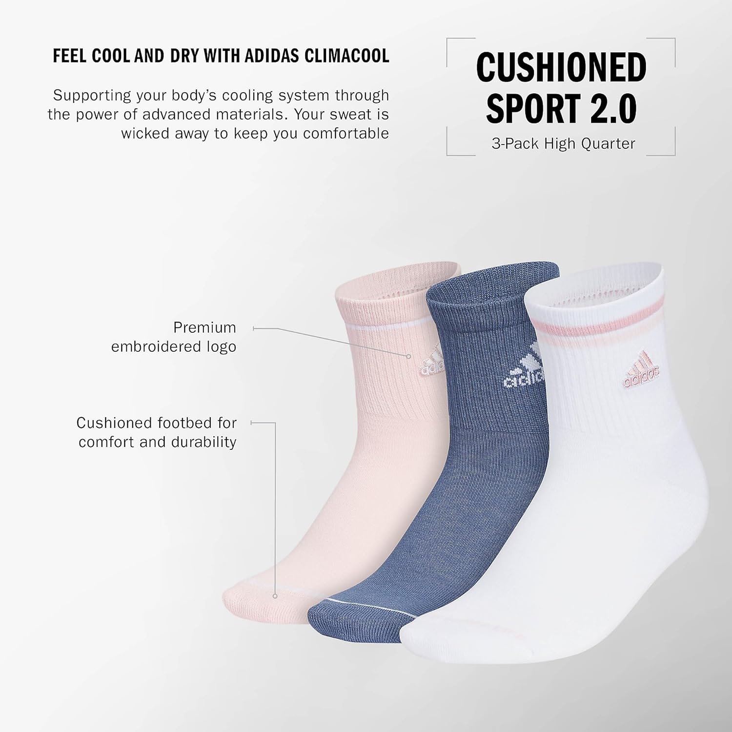 image:imageadidas Womens Cushioned Sport High Quarter Socks 3 Pairs Durable amp ComfortableSandy PinkPreloved Ink BlueWhite2