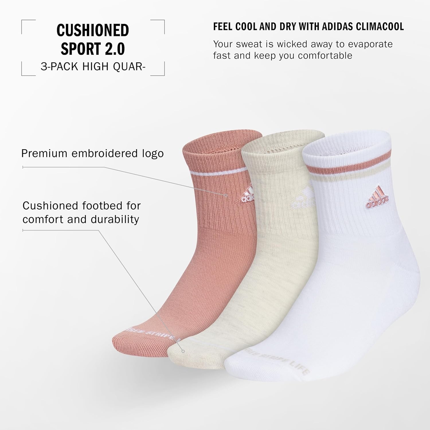 image:imageadidas Womens Cushioned Sport High Quarter Socks 3 Pairs Durable amp ComfortableWarm Clay PinkAluminaWhite2