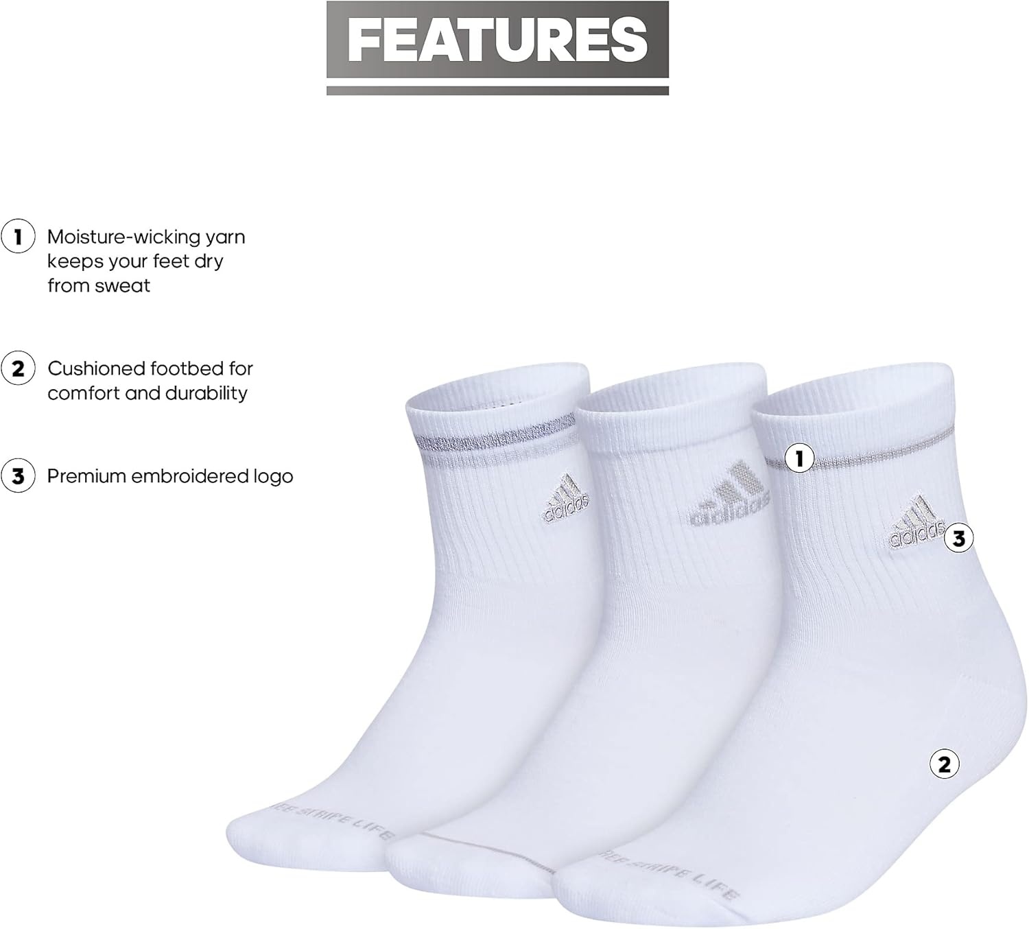 image:imageadidas Womens Cushioned Sport High Quarter Socks 3 Pairs Durable amp ComfortableWhiteClear Onix Grey2