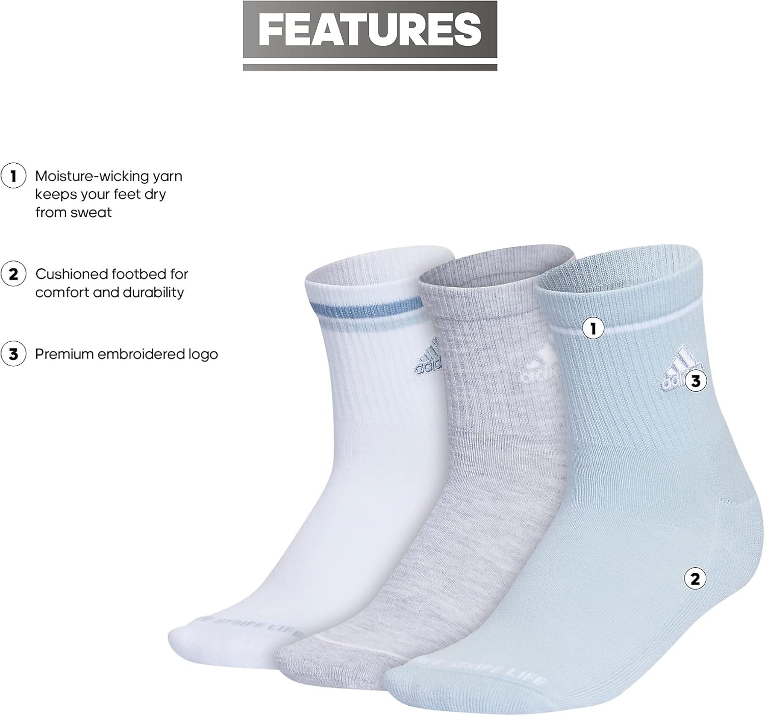 image:imageadidas Womens Cushioned Sport High Quarter Socks 3 Pairs Durable amp ComfortableWonder BlueCool Light HeatherWhite2