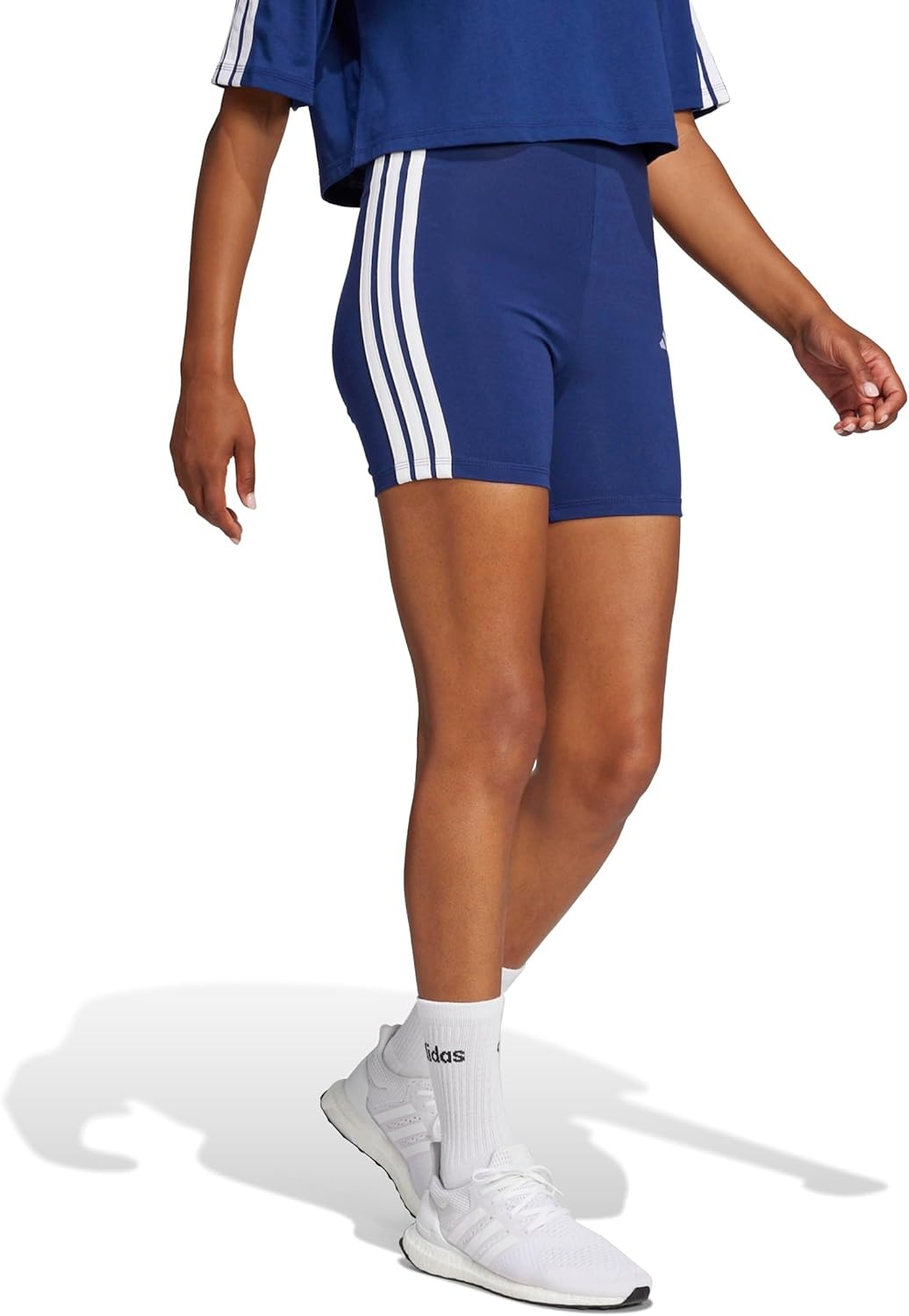 image:imageadidas Womens Essentials 3Stripes HighWaisted Biker ShortsDark BlueWhite