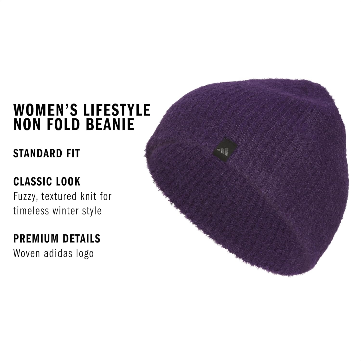 image:imageadidas Womens Lifestyle Beanie Soft Fuzzy Knit Winter HatAurora Plum PurpleBlack