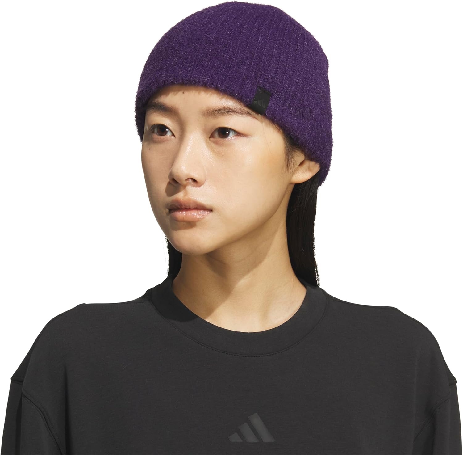 image:imageadidas Womens Lifestyle Beanie Soft Fuzzy Knit Winter HatAurora Plum PurpleBlack