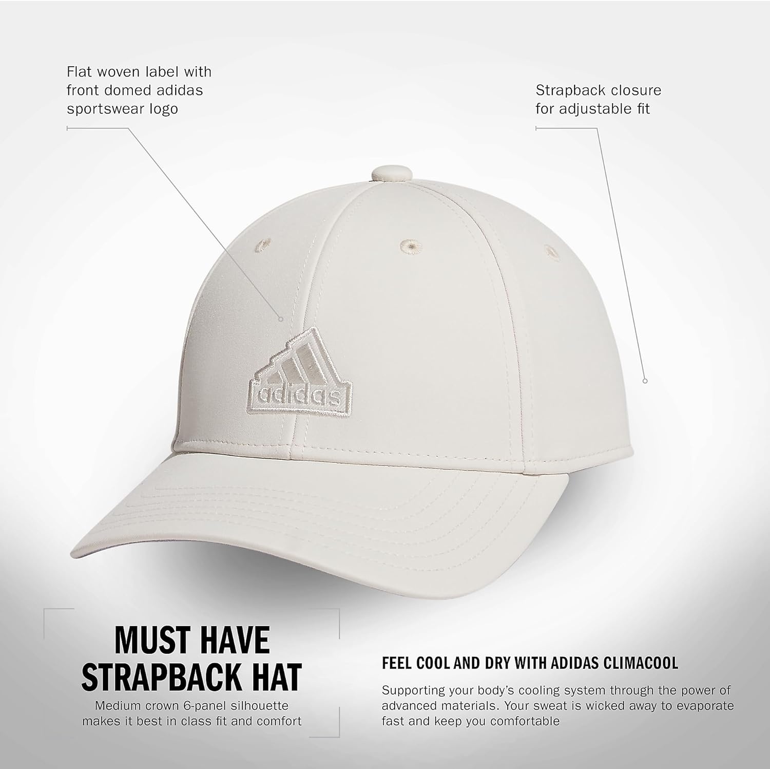 image:imageadidas Womens Must Have Medium Crown Structured Adjustable Fit Strapback HatAlumina BeigeGreyWhite