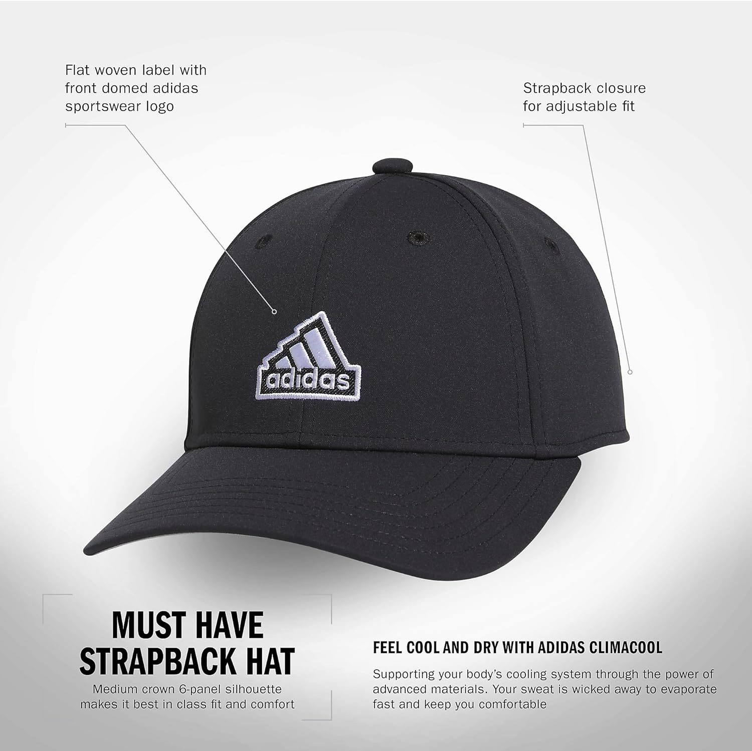 image:imageadidas Womens Must Have Medium Crown Structured Adjustable Fit Strapback HatBlack