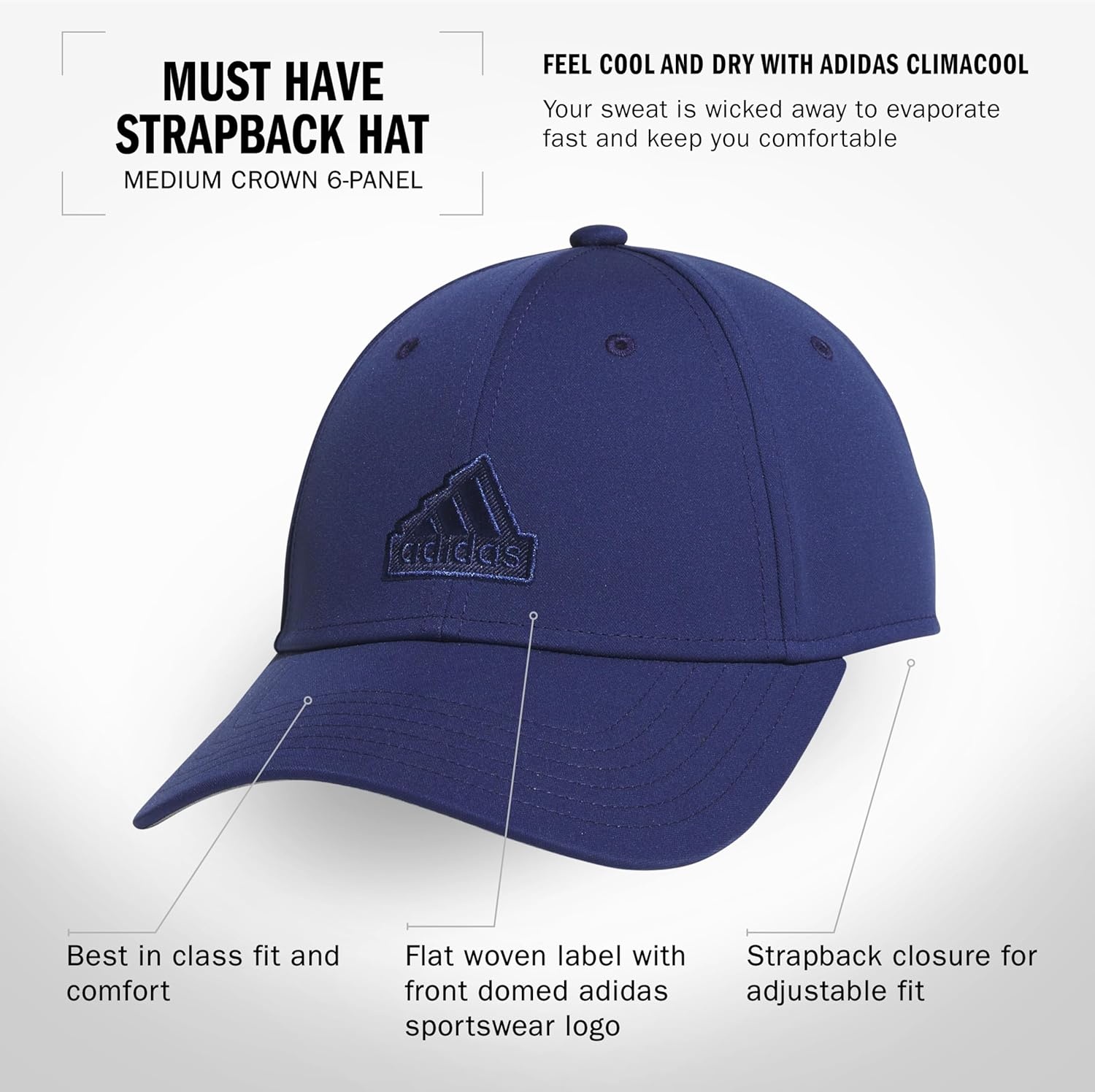 image:imageadidas Womens Must Have Medium Crown Structured Adjustable Fit Strapback HatDark BlueGreyWhite