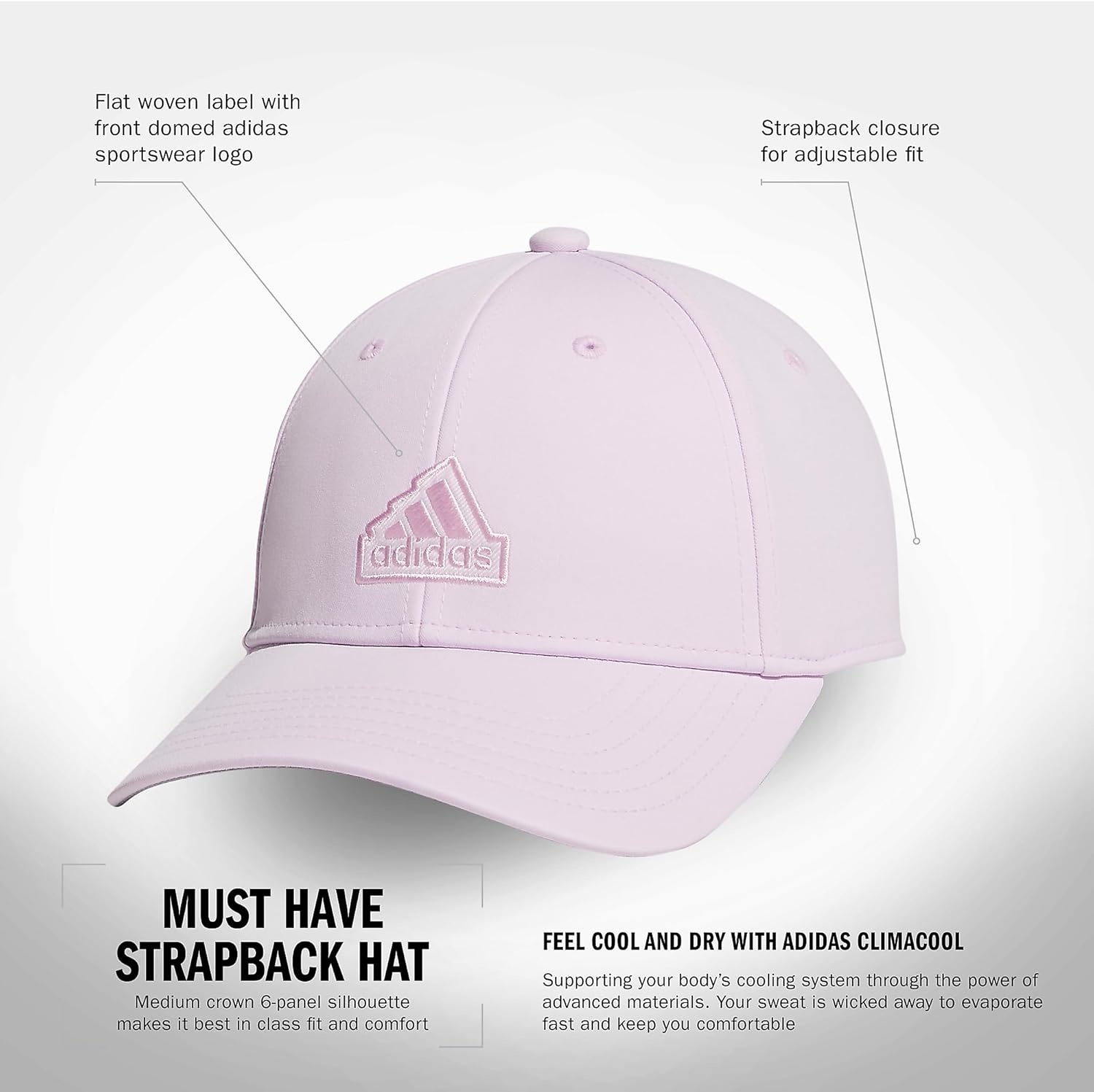 image:imageadidas Womens Must Have Medium Crown Structured Adjustable Fit Strapback HatIce LavenderGreyWhite