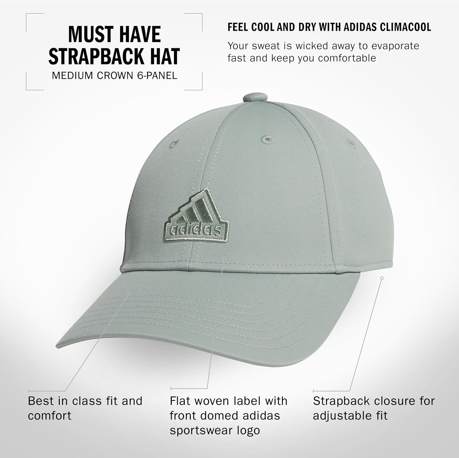 image:imageadidas Womens Must Have Medium Crown Structured Adjustable Fit Strapback HatSilver GreenGreyWhite