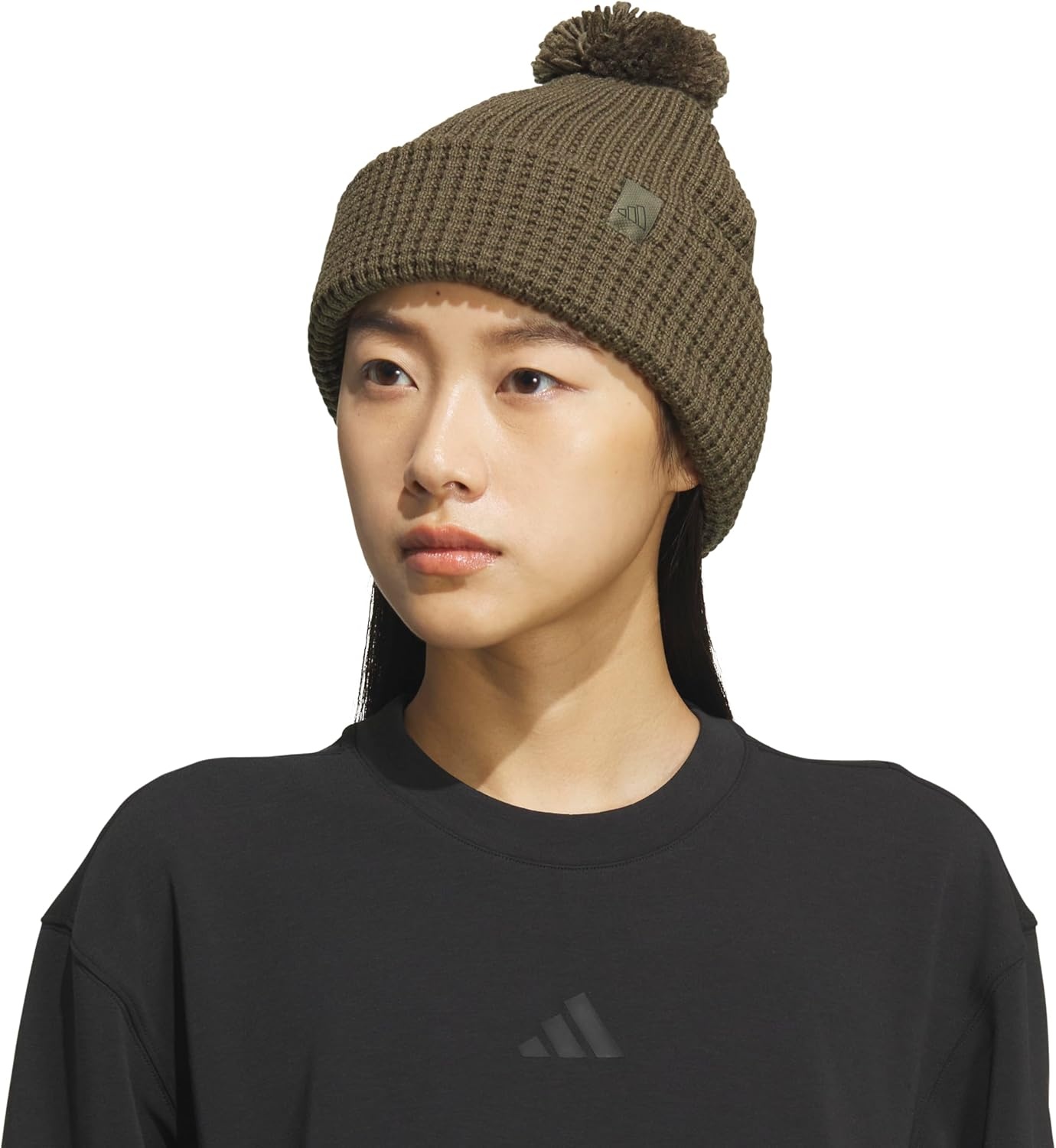 image:imageadidas Womens Pom Pom Beanie Knit Ballie Hat Standard FitPomOlive Strata GreenBlack