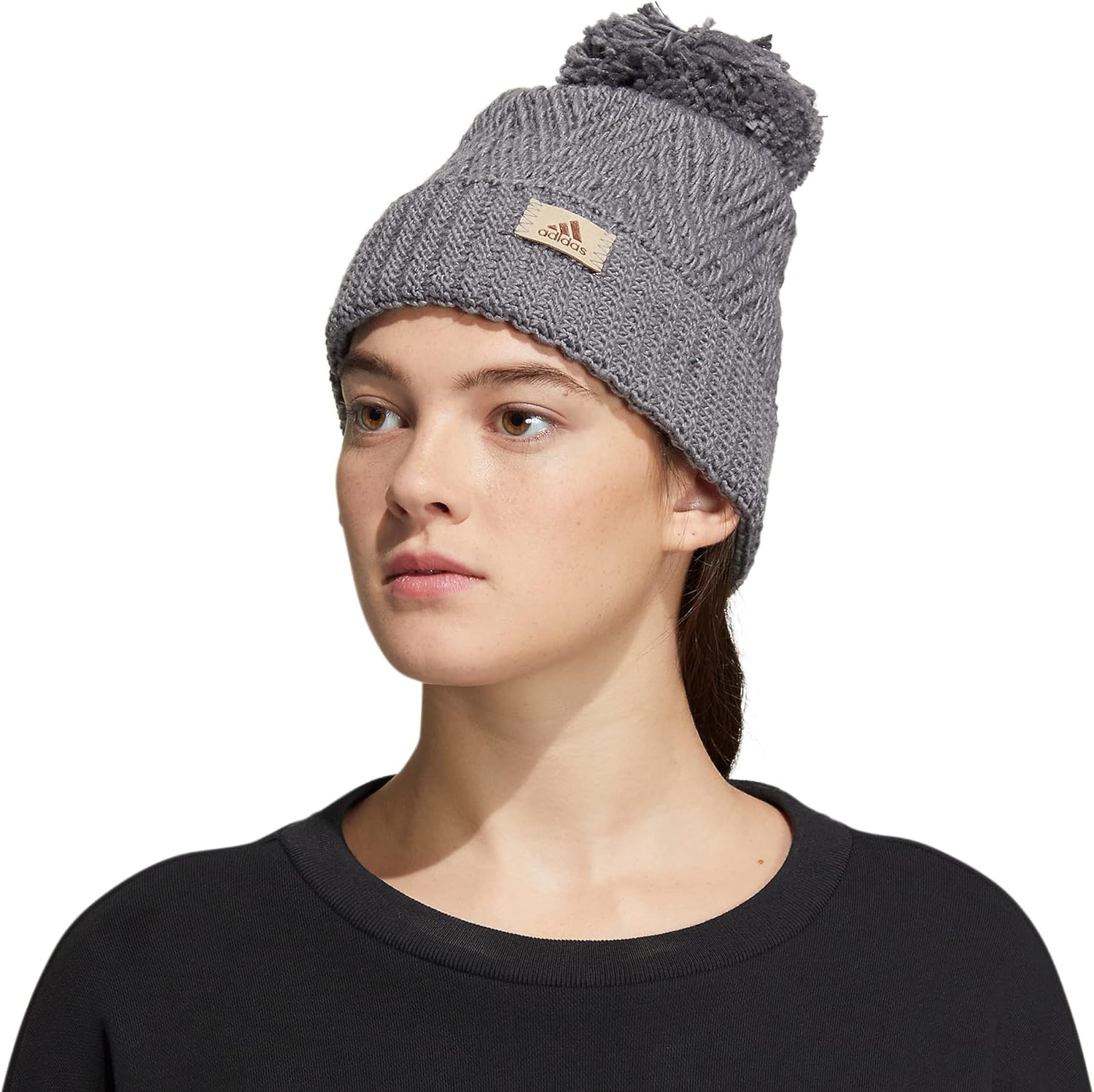 image:imageadidas Womens Pom Pom Beanie Knit Ballie Hat Standard FitTwilightHeather GreyOnix Grey F23