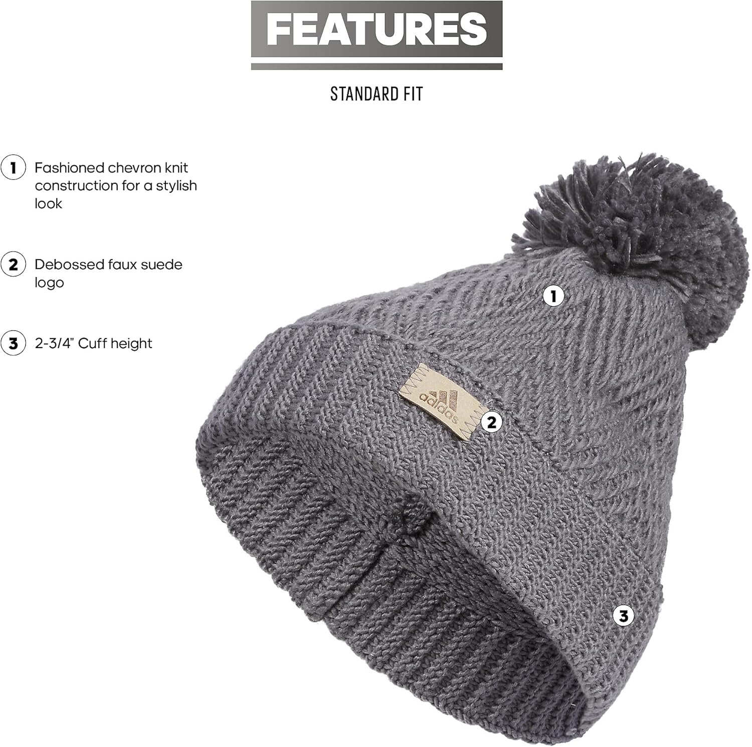 image:imageadidas Womens Pom Pom Beanie Knit Ballie Hat Standard FitTwilightHeather GreyOnix Grey F23