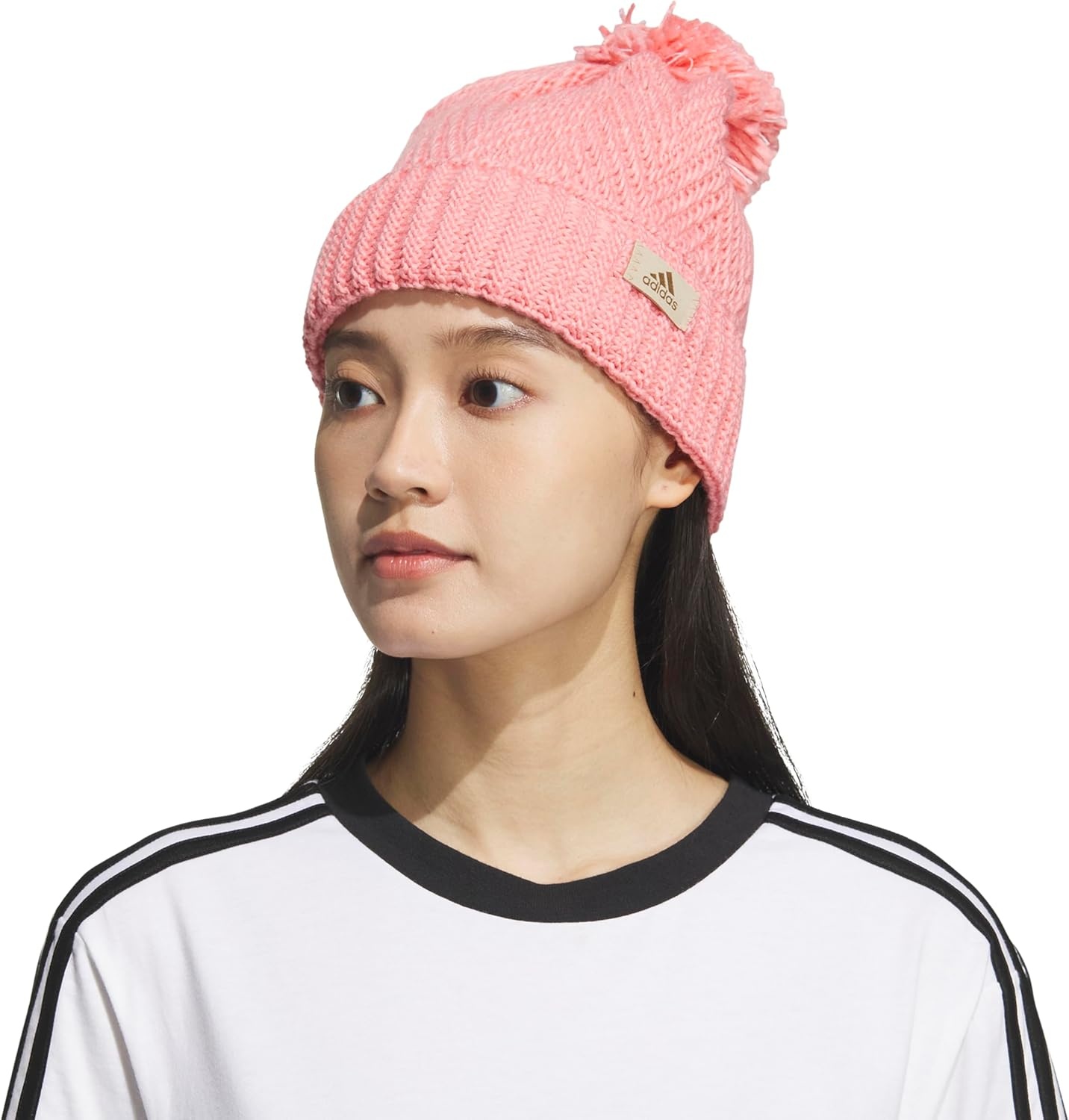 image:imageadidas Womens Pom Pom Beanie Knit Ballie Hat Standard FitTwilightSemi Pink SparkWhite