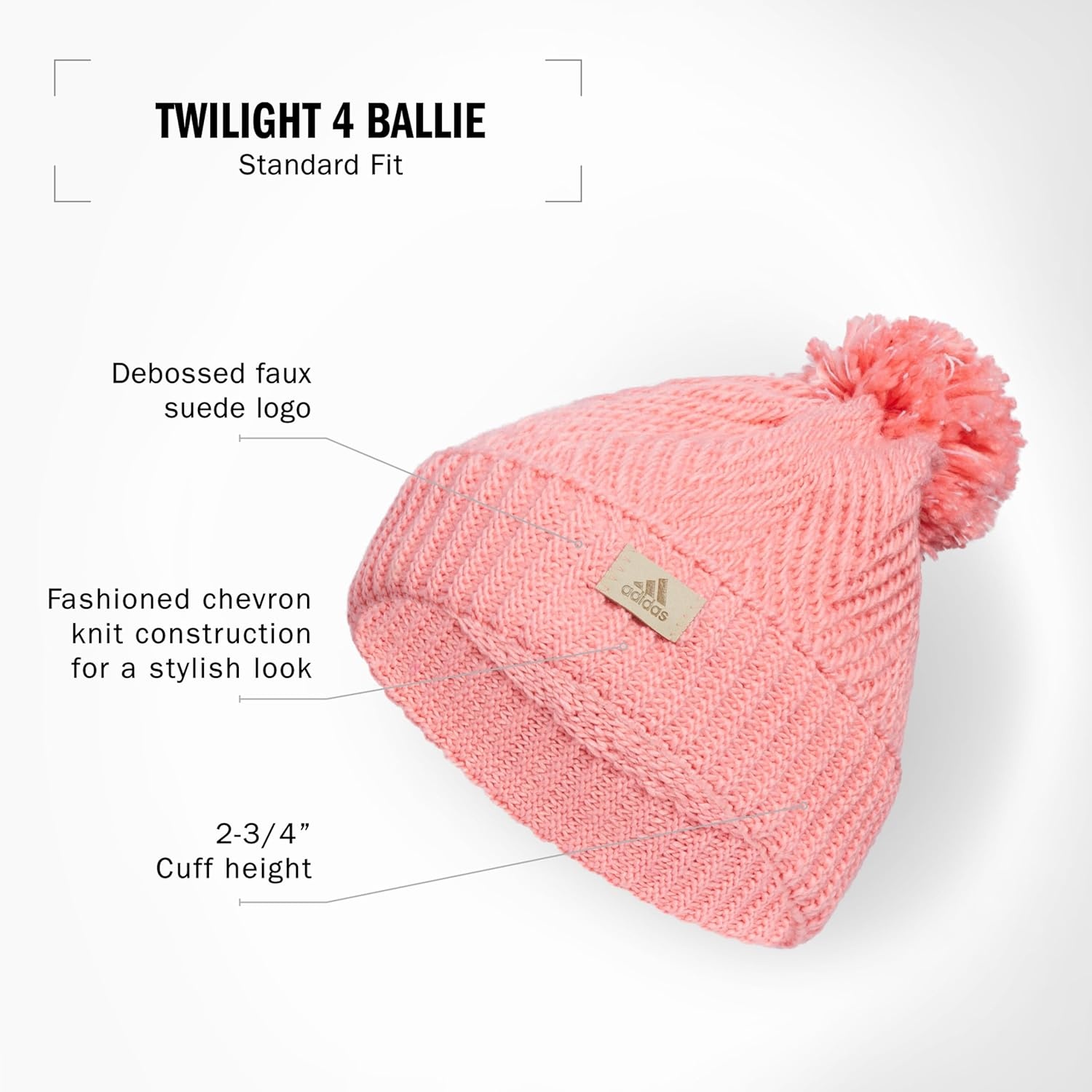image:imageadidas Womens Pom Pom Beanie Knit Ballie Hat Standard FitTwilightSemi Pink SparkWhite