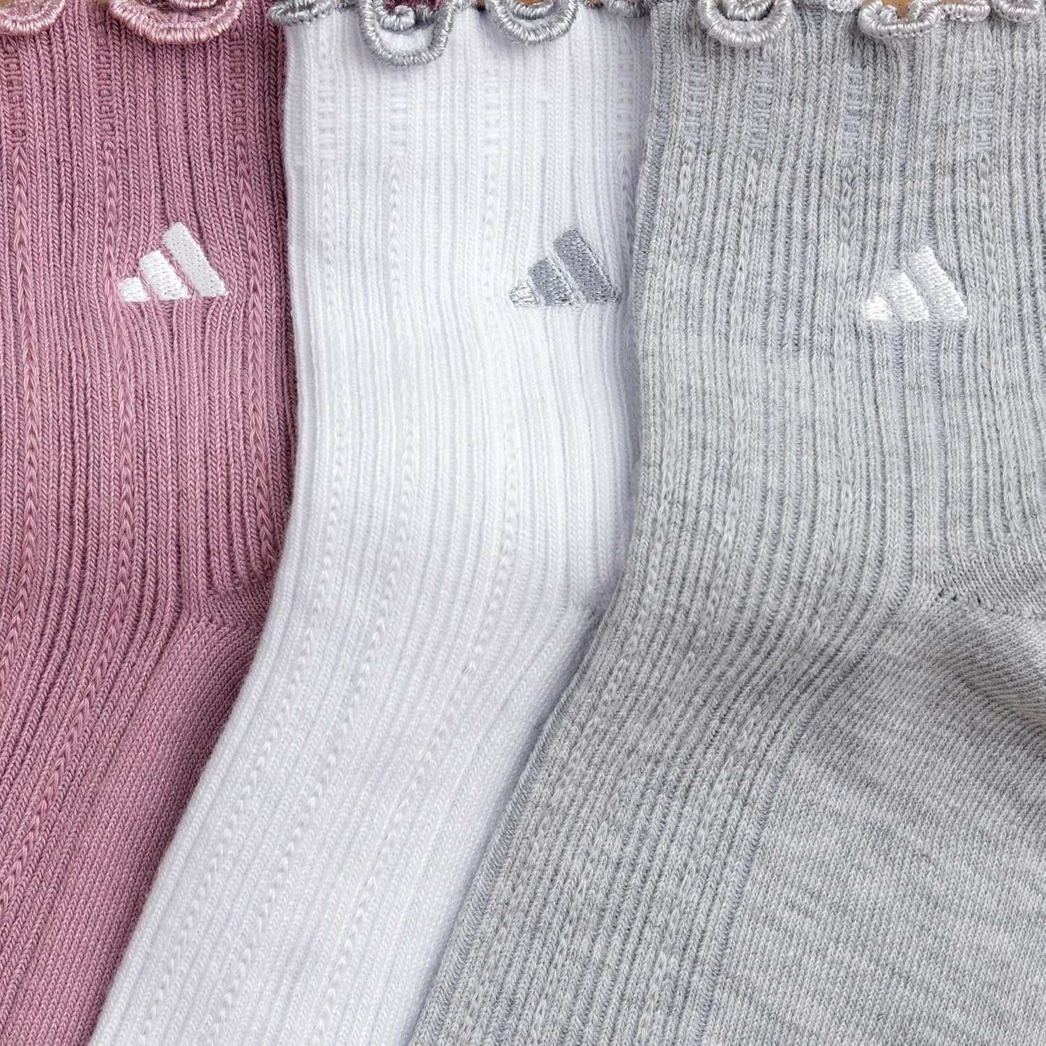 image:imageadidas Womens Ruffle Quarter Ankle Socks 3 PairsMagic Mauve PurpleWhiteCool Light Heather