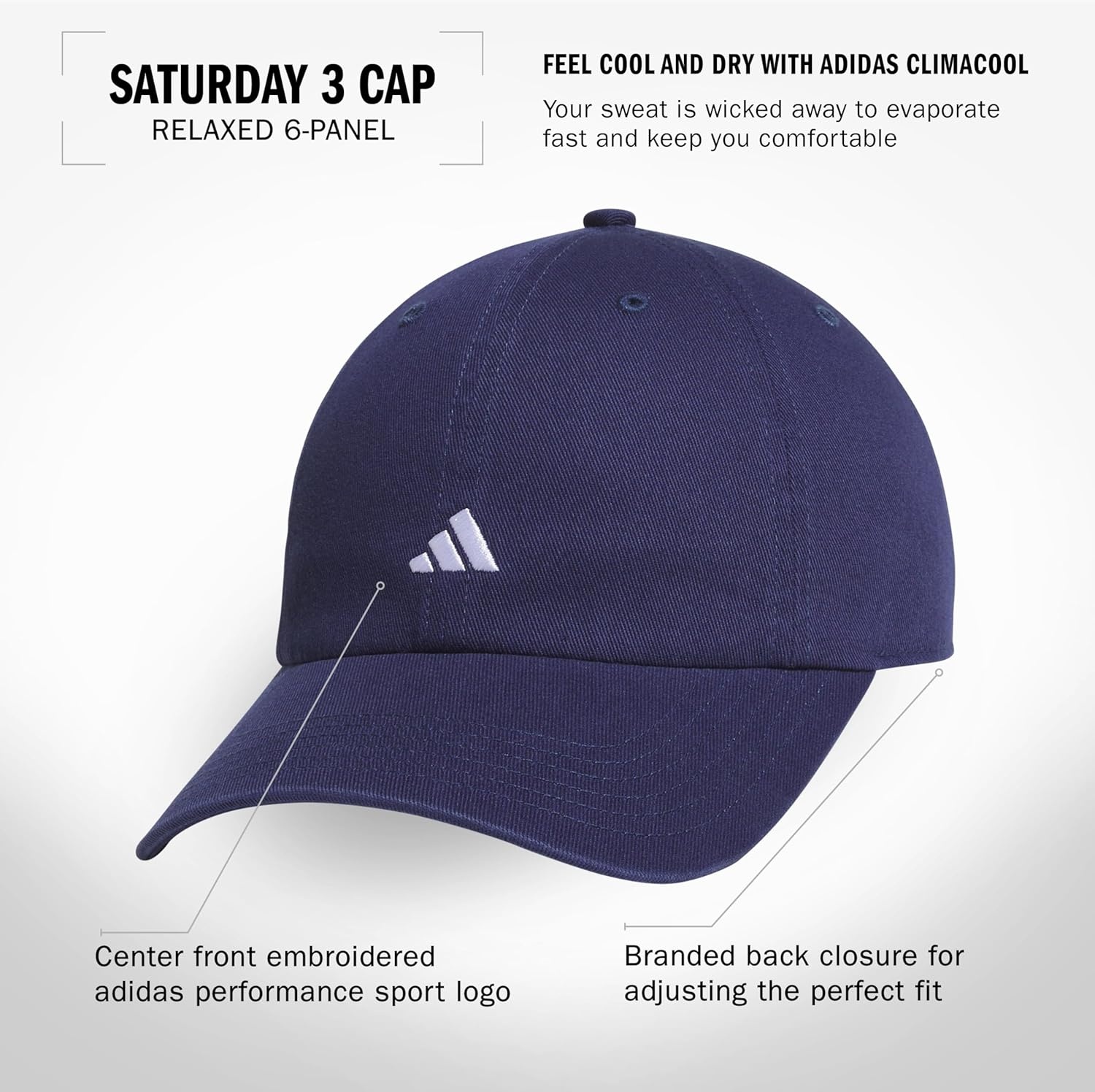 image:imageadidas Womens Saturday Hat Relaxed Fit Strapback Baseball CapDark BlueWhite3