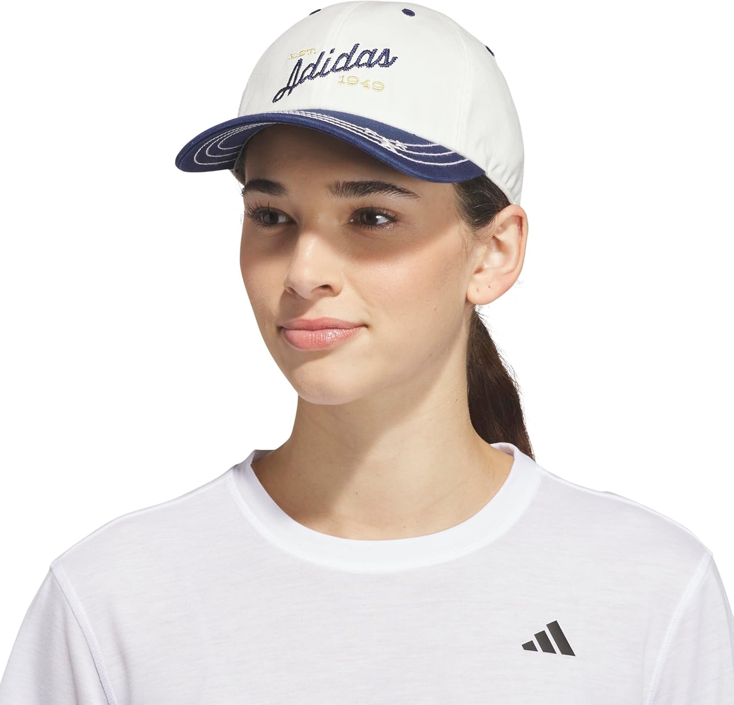 image:imageadidas Womens Saturday Hat Relaxed Fit Strapback Baseball CapOff WhiteDark BlueGold MetallicDaze