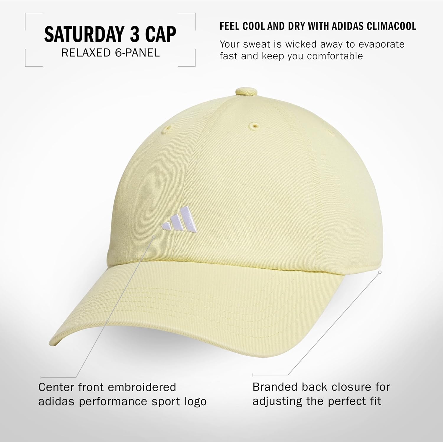 image:imageadidas Womens Saturday Hat Relaxed Fit Strapback Baseball CapPowder YellowWhite3