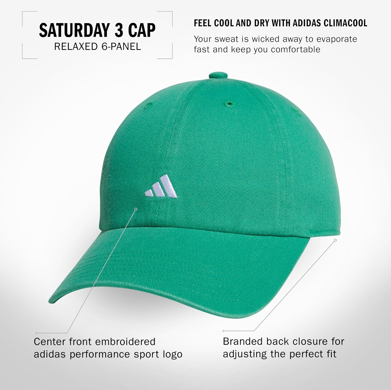 image:imageadidas Womens Saturday Hat Relaxed Fit Strapback Baseball CapSemi Court GreenWhite3