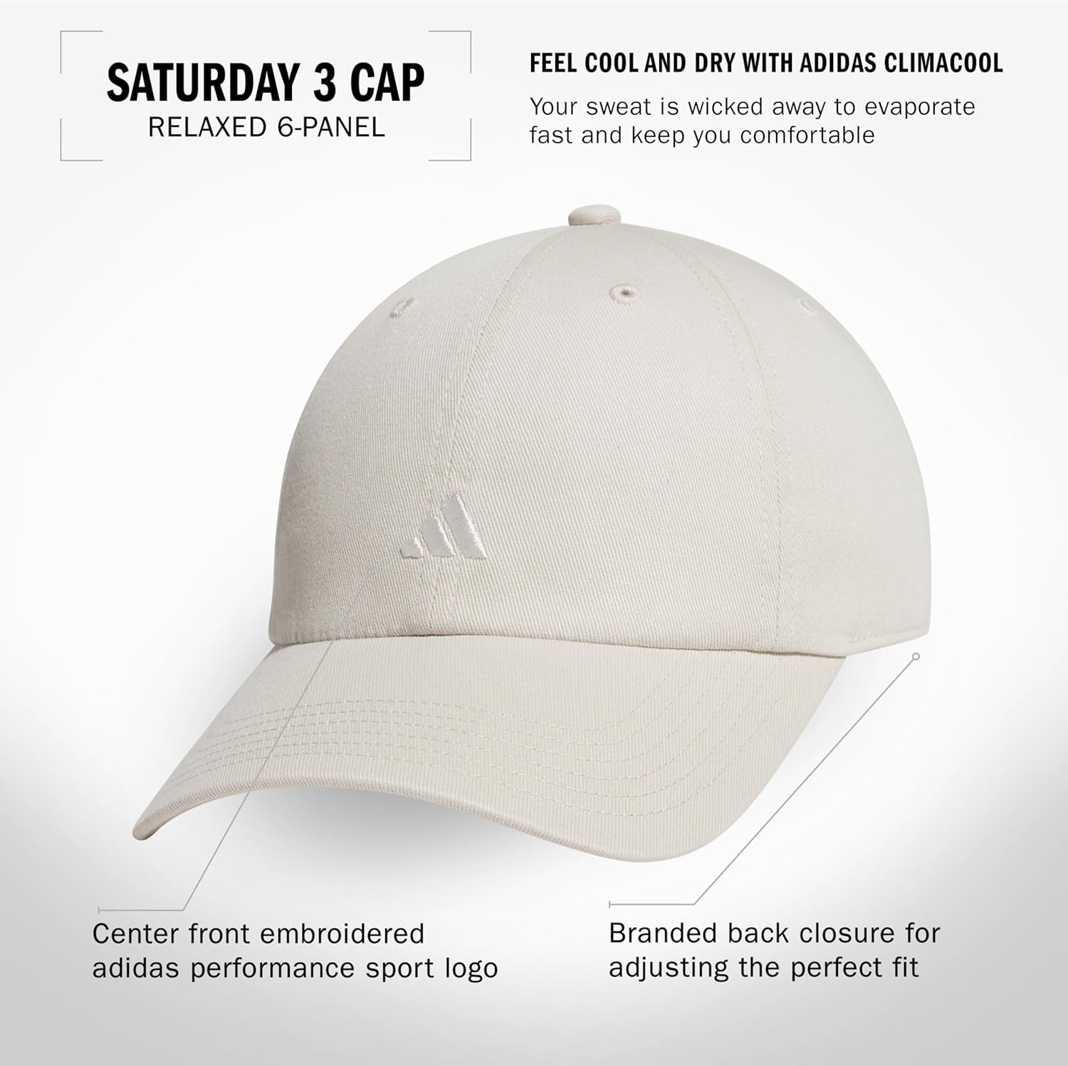 image:imageadidas Womens Saturday Hat Relaxed Fit Strapback Baseball CapWonder Alumina GreyOff White3