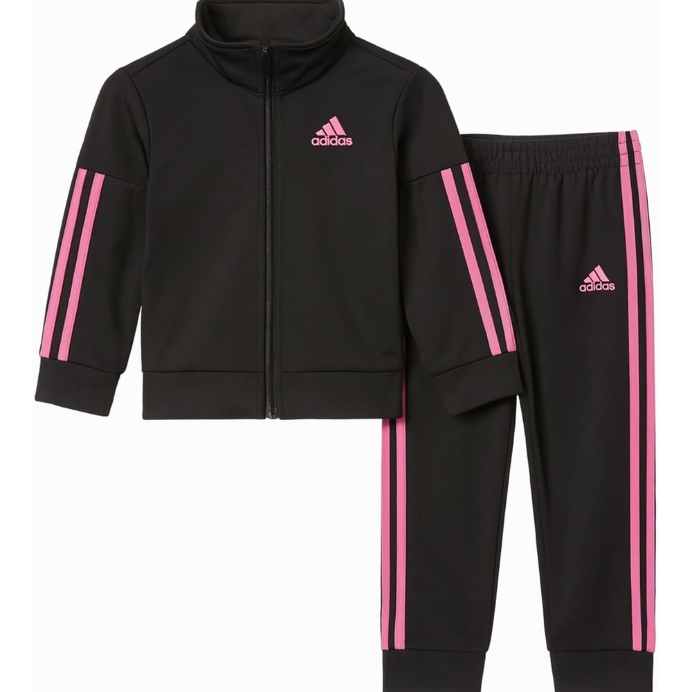 image:imageadidas Little Girls Zip Front Classic Tricot Jacket and Joggers SetBlackLight Pink