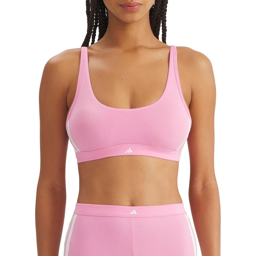 image:imageadidas Womens 3 Stripes Active Essentials Cotton Scoop Bralette with Removable CookiesSt Tropic Bloom