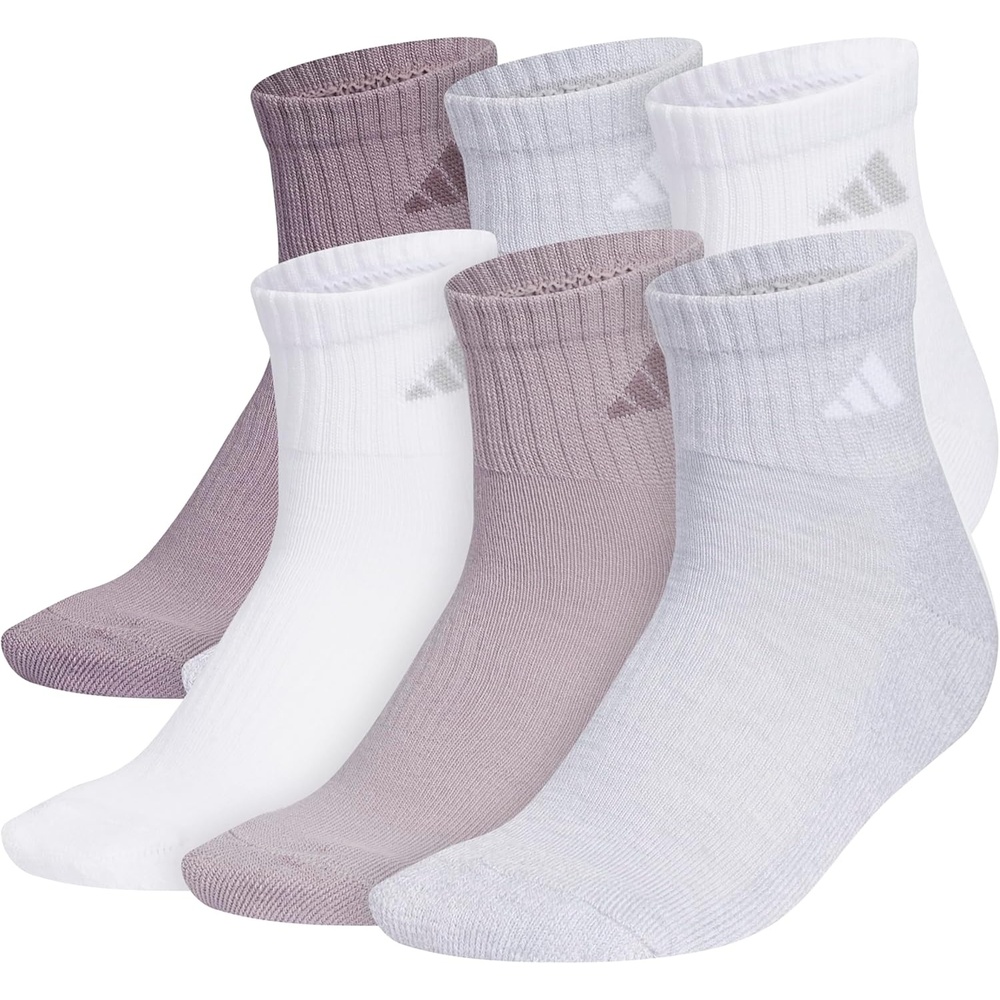 image:imageadidas Womens Athletic Cushioned Quarter Ankle Socks 6 Pairs Durable amp ComfortablePreloved Fig PurpleClear Onix GreyWhite
