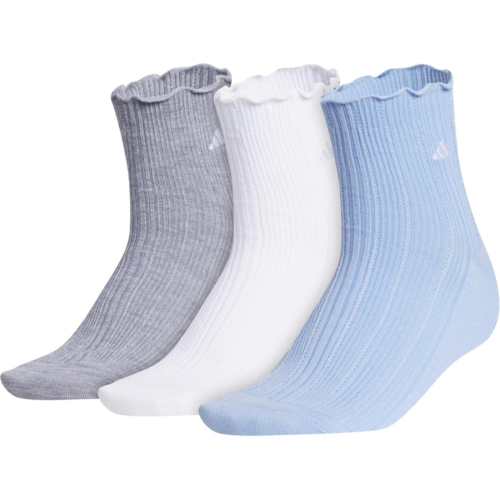 image:imageadidas Womens Ruffle Quarter Ankle Socks 3 PairsHeather GreyWhiteGlow Blue
