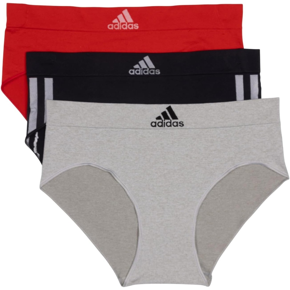 image:imageadidas womens Seamless Brief Panties 3packBlack With StripesHeather GreyVivid Red
