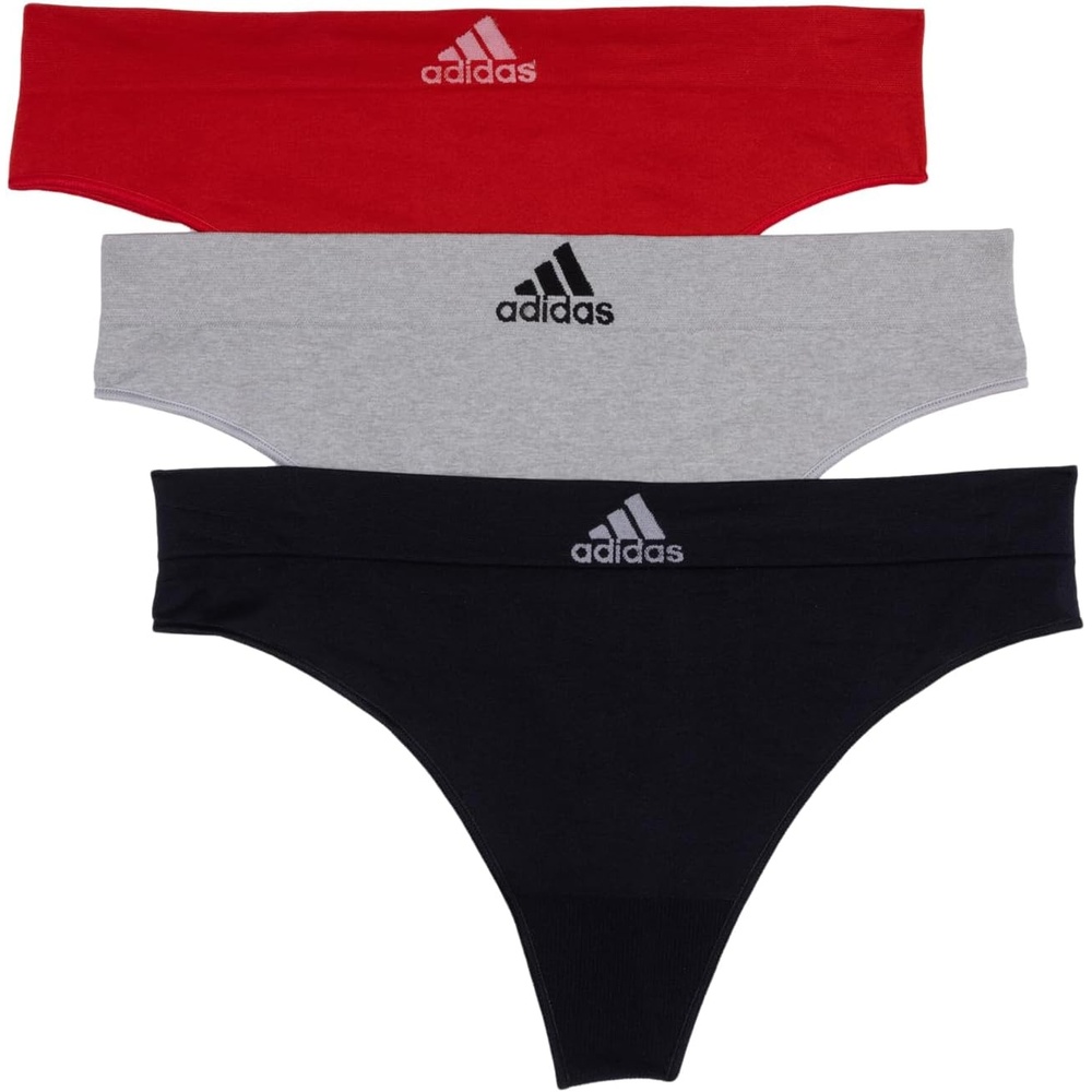 image:imageadidas womens Seamless Thong Underwear 3packBlack With StripesHeather GreyVivid Red