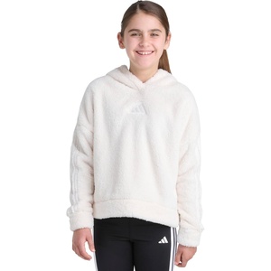 adidas Girls’ 3-stripes Sherpa Hooded Pullover (Big Kid)(Chalk White)