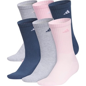 adidas Women’s Athletic Cushioned Crew Socks (6 Pairs) Durable & Comfortable(Cool Light Heather/Clear Pink/Dark Blue)
