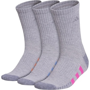 adidas Women’s Cushioned Crew Socks (3 Pairs) Durable & Comfortable(Cool Light Heather/Lucid Fuchsia Pink/Blue Fusion/3)