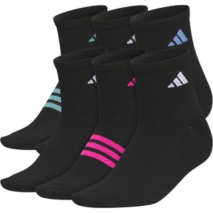 adidas Women’s Superlite Quarter Ankle Socks (6 Pairs) Lightweight & Breathable(Black/Powder Teal Green/Blue Fusion/3)