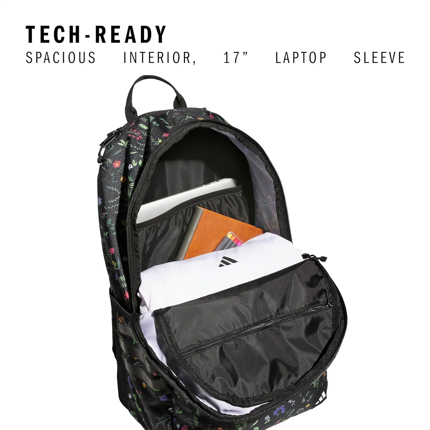 image:imageadidas Classic 3Stripe Backpack for Laptop School and Travel 28LMeadow Floral BlackBlackWhite50