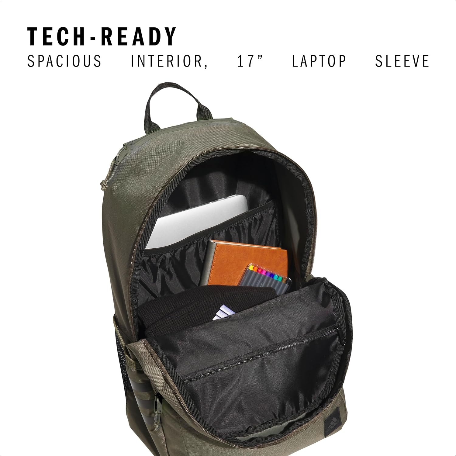 image:imageadidas Classic 3Stripe Backpack for Laptop School and Travel 28LOlive Strata GreenBlack50
