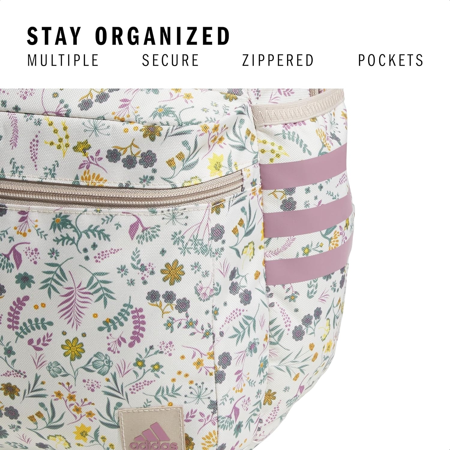 image:imageadidas Classic 3Stripe Backpack for Laptop School and Travel 28LWoodland Floral Chalk WhiteWonder Orchid Purple50