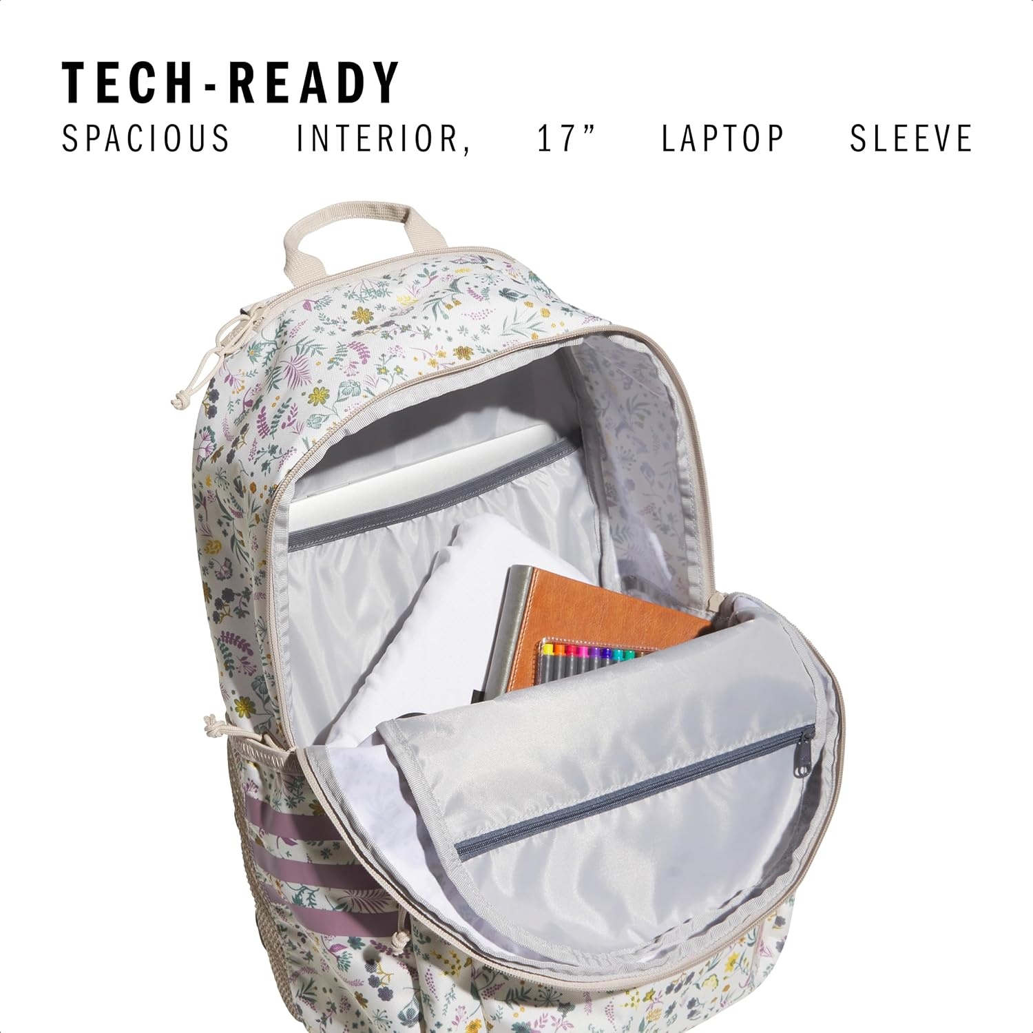 image:imageadidas Classic 3Stripe Backpack for Laptop School and Travel 28LWoodland Floral Chalk WhiteWonder Orchid Purple50