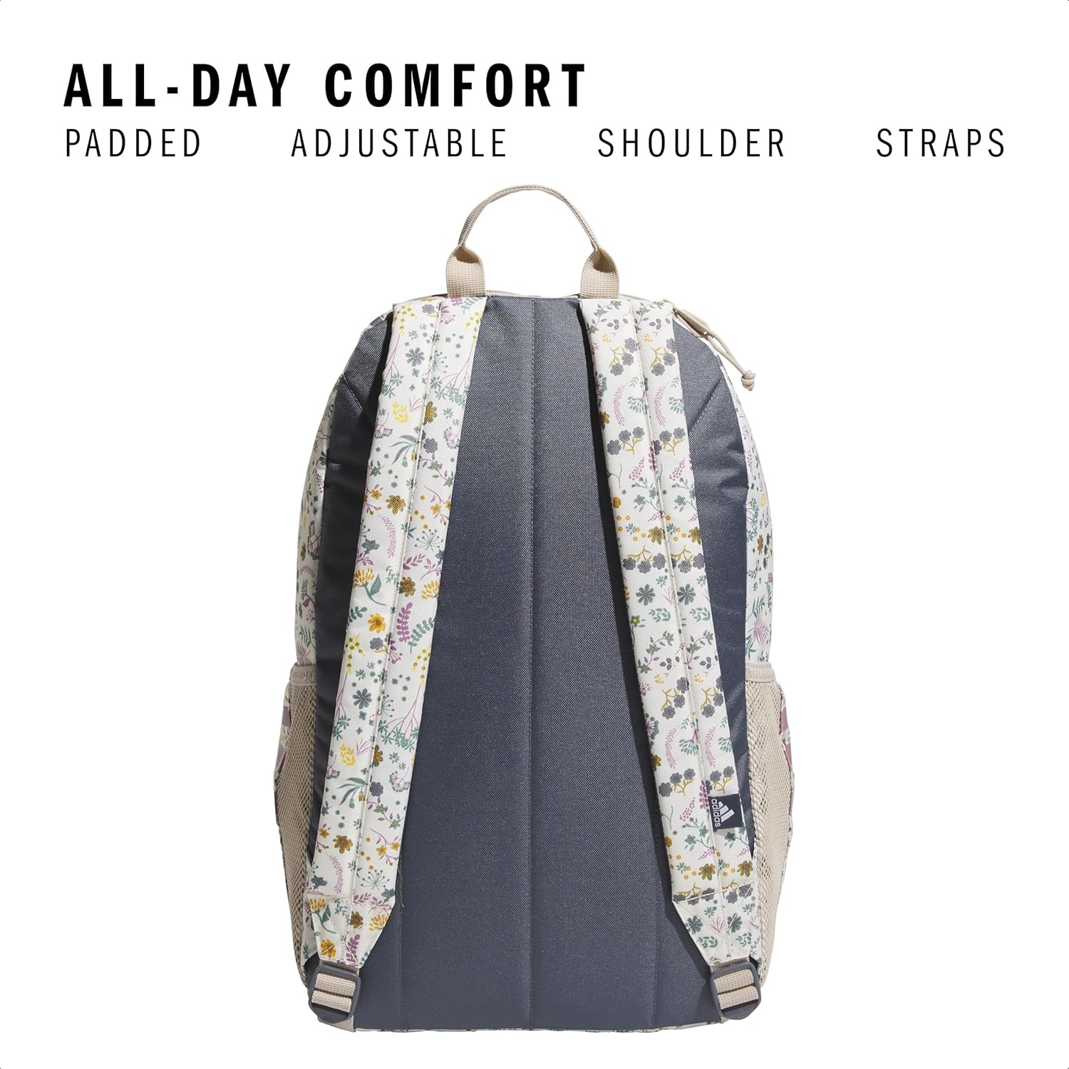 image:imageadidas Classic 3Stripe Backpack for Laptop School and Travel 28LWoodland Floral Chalk WhiteWonder Orchid Purple50