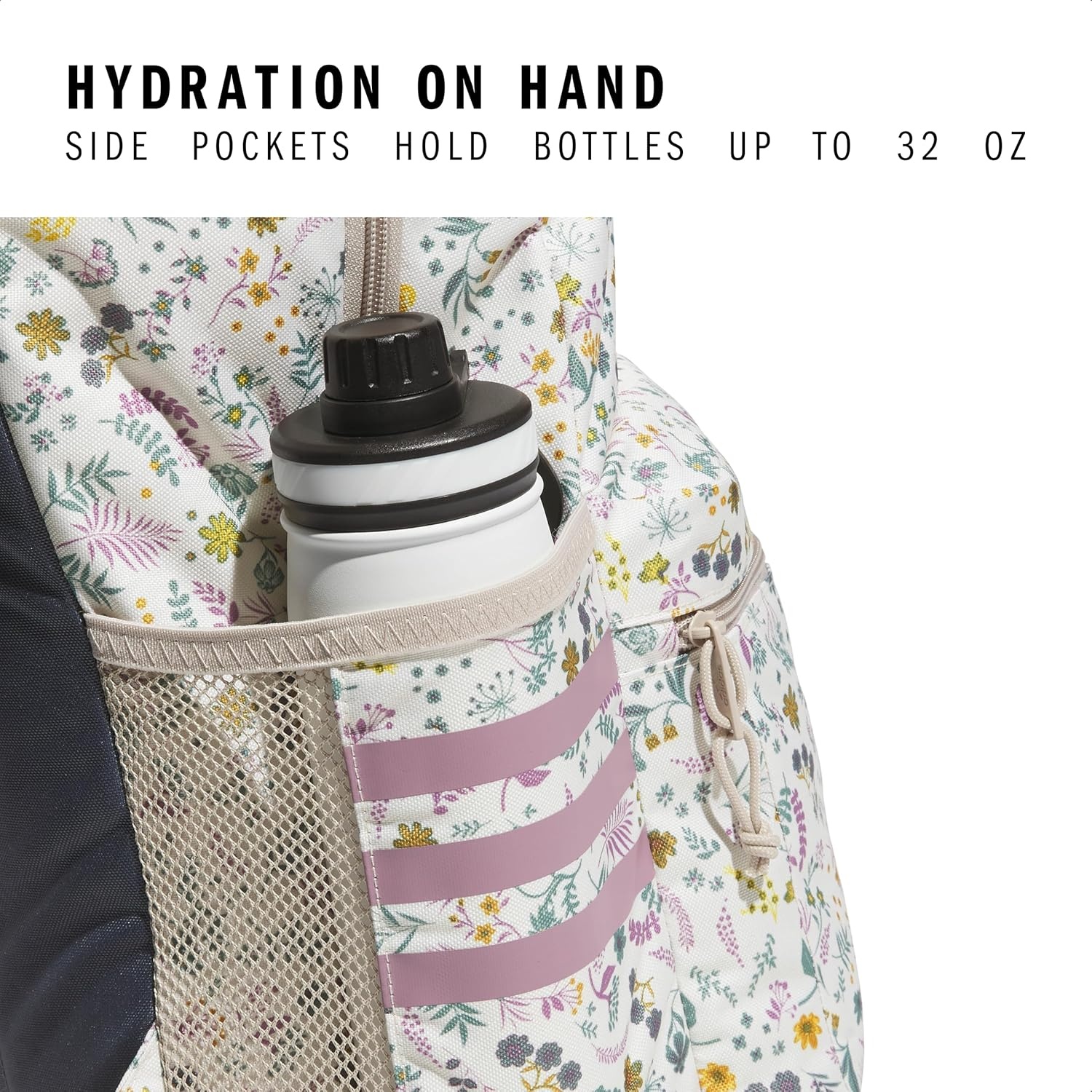 image:imageadidas Classic 3Stripe Backpack for Laptop School and Travel 28LWoodland Floral Chalk WhiteWonder Orchid Purple50