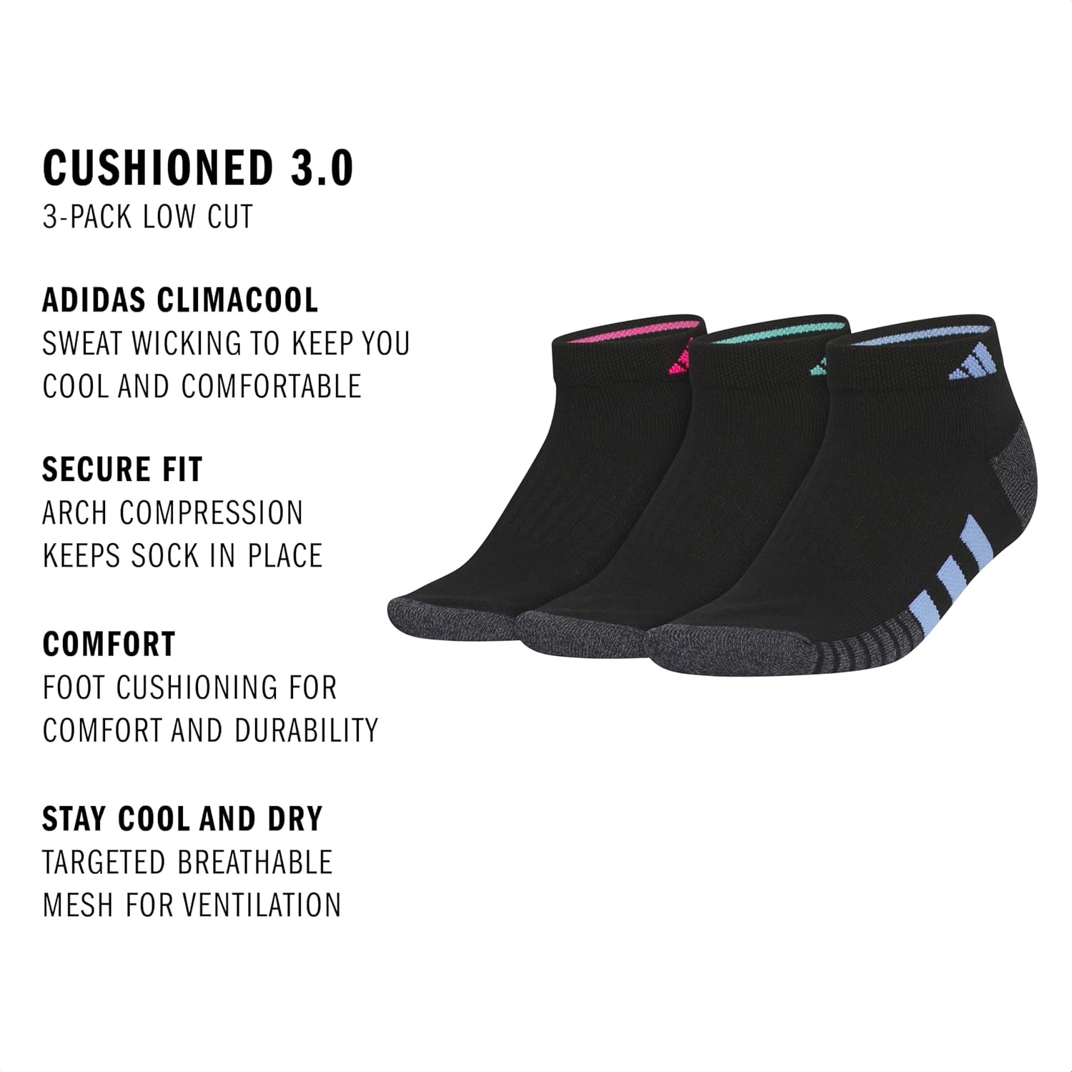 image:imageadidas Cushioned 30 3Pack Low CutBlackOnix GreyShock Pink3