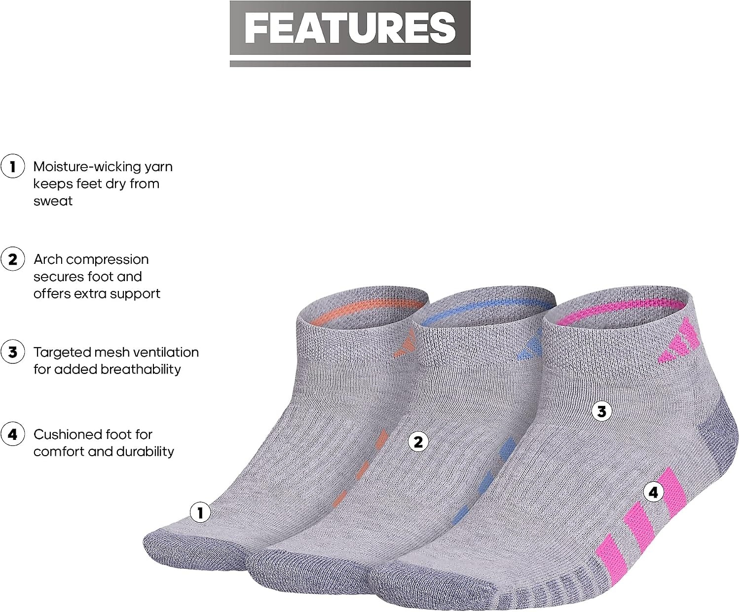 image:imageadidas Cushioned 30 3Pack Low CutCool Light HeatherLucid Fuchsia PinkBlue Fusion3