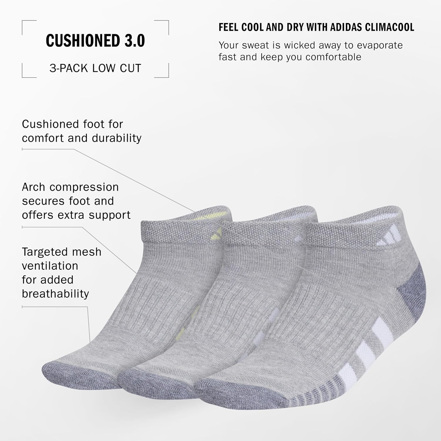 image:imageadidas Cushioned 30 3Pack Low CutCool Light HeatherPowder YellowViolet Tone Purple3